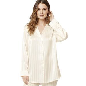 Vintage 80's Dentelle Women's Button Down Pajama Top Small Satin Striped Cream